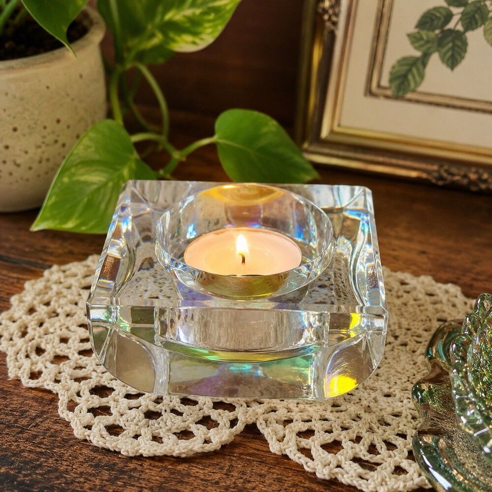 Oleg Cassini Crystal Votive Candle Holder Square Faceted Art Glass Decor
